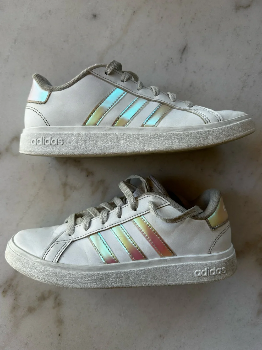 adidas Grand Court 3.0 | adidas Kids White Sneakers with Iridescent Pink Stripes